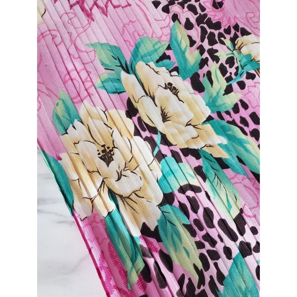 PINK FLORAL PRINT ACCORDION PLEATED SATIN POLYESTER FABRIC